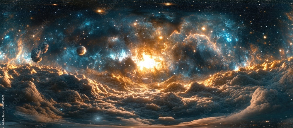 Leinwandbilder 360 degree interstellar cloud of dust and gas depicted in 3D cartoon rendering Space background features nebula and stars showcasing a glowing nebula with an equirectangular projection and environ