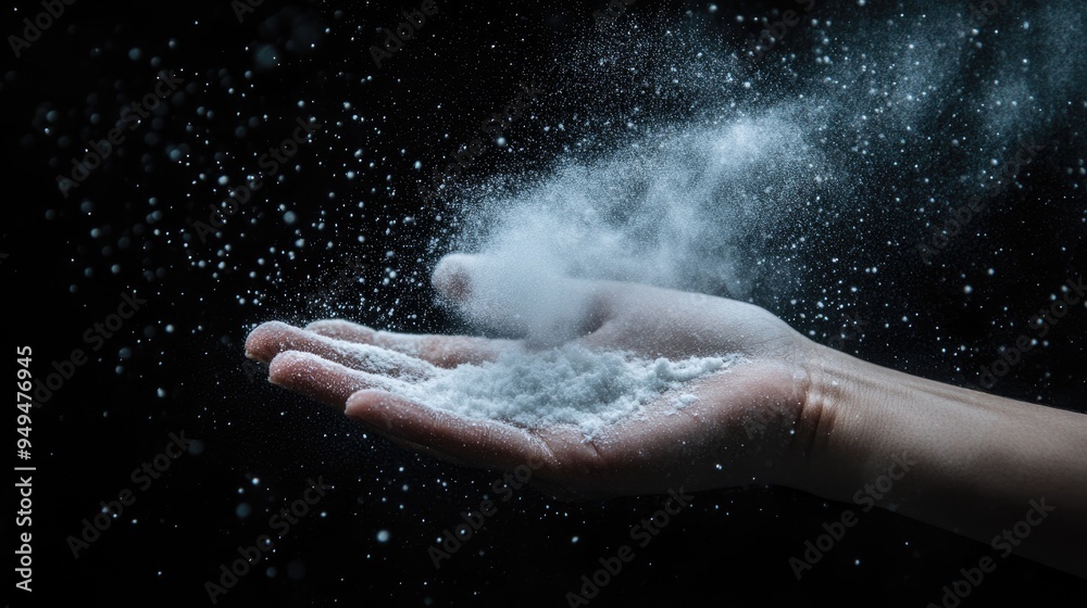 Poster freeze motion explosion of white dust on a black background created with 3d cartoon rendering showca