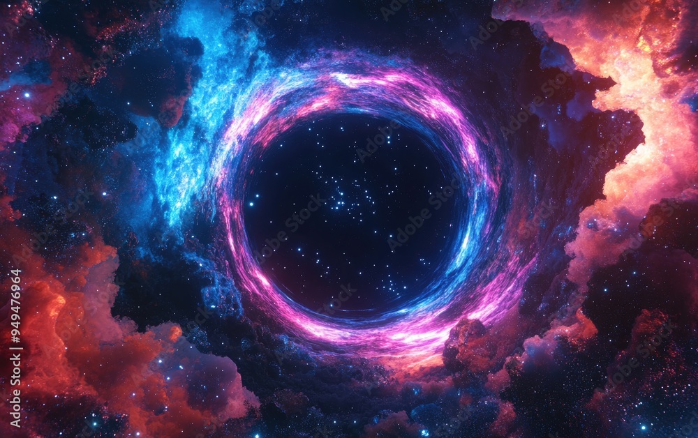 Aufkleber 360 degree massive black hole panorama in 3D cartoon style featuring an equirectangular projection and environment map HDRI spherical panorama with a space background including stars 3D illustrati