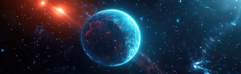 3D cartoon depiction of a small blue planet in deep space
