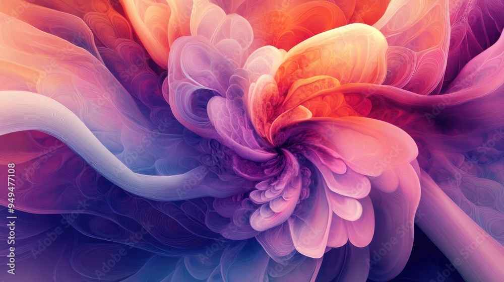 Poster Abstract fractal patterns and shapes in dynamic flowing forms featuring flowers and spirals depicted in a 3D cartoon rendering Mysterious psychedelic relaxation design