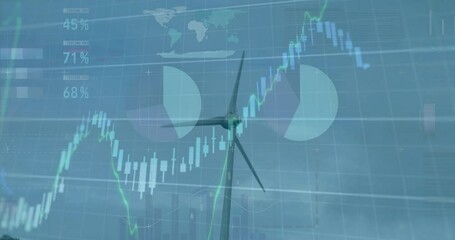 Wind turbine with financial data and stock market animation over blue background - Powered by Adobe