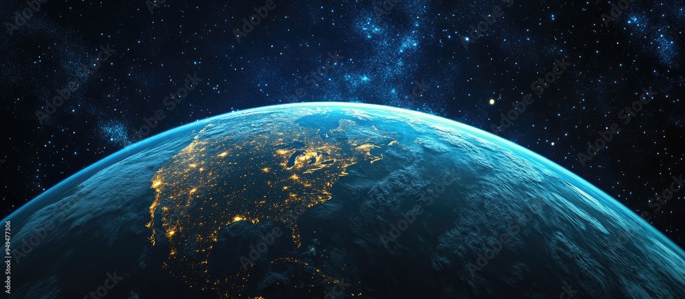 Poster Nighttime view of planet Earth in 3D cartoon rendering from space