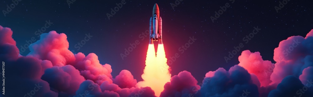 Poster spaceship lift off depicted in 3d cartoon rendering a space shuttle ascends with smoke and blast aga