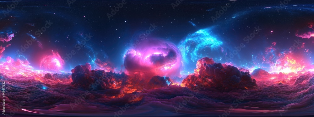 Poster 360 degree nebula panorama in a 3D cartoon rendering featuring an equirectangular projection and environment map HDRI spherical panorama showcasing a space background with nebula and stars 3D illu
