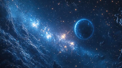 Obraz premium 3D cartoon depiction featuring a 2D illustration A realistic backdrop of a starry pattern in empty interstellar space Brightly flashing stars planets and moons Various imaginative science fiction