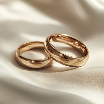 A conceptual photo depicting a pair of wedding rings elegantly placed on a white background with soft shadows The rings symbolize love and commitment making this image suitable for wedding-related