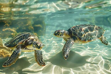 Two sea turtles gracefully glide through the water, Sea turtles gracefully gliding through the crystal-clear water