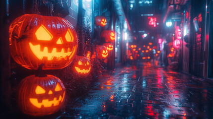 Naklejka premium Neon Jack-o'-Lantern Alley: A haunting and vibrant scene of jack-o'-lanterns illuminated by neon lights, creating an eerie and enchanting atmosphere in a wet, urban alleyway. 