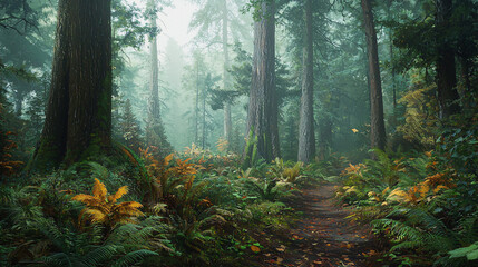 Obraz premium Majestic, towering redwoods, ancient forest, serene, high quality, photorealistic, lush undergrowth, dappled sunlight, peaceful, breathtaking, nature's grandeur::0.9 misty fog, forest trails, 