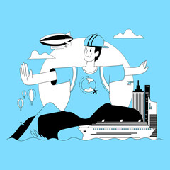 A traveler pose at sea, with a cruise ship, balloons, an airship, and a miniature city, in flat design style, symbolizing travel and transportation.
