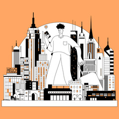 A tourist searching for a location on a smartphone in a miniature city resembling New York, in a flat design style.