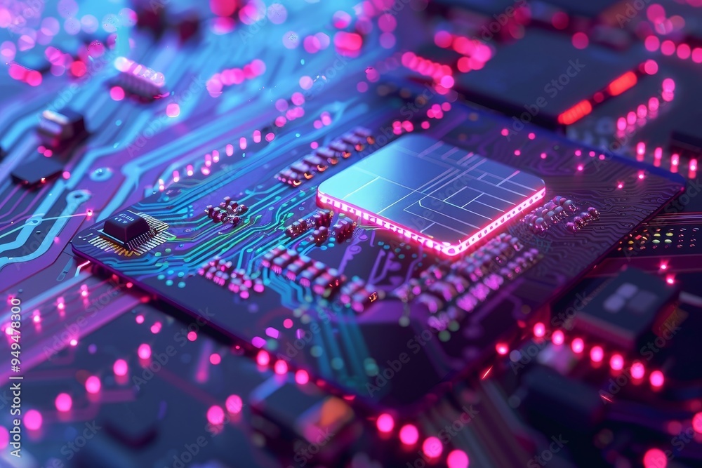 Poster detailed view of a computer chip embedded on a printed circuit board, secure chip technology embedde
