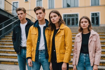 Fototapeta premium Side view of attractive pensive young friends in jackets standing on different level of striped colored stairs outdoors looking at camera