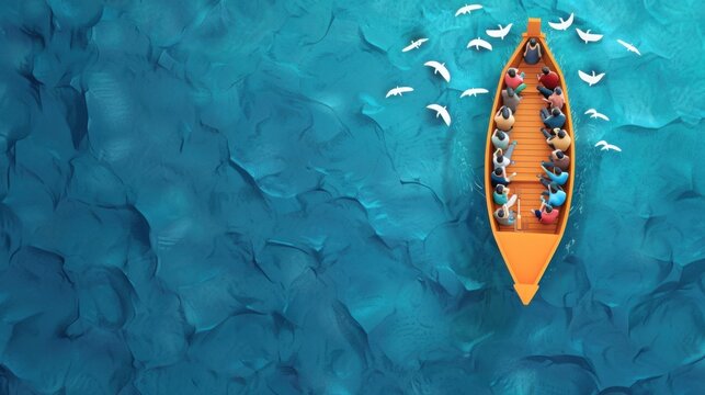 International Migrants Day. Horizontal banner. Free space for text. Illustration with overloaded boat with refugees in the sea. Problems of wars and poverty. Immigration concept
