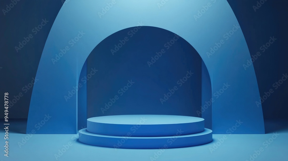 Poster Empty podium featuring geometric shapes in a blue composition for modern stage presentations and minimalist mockups serving as an abstract showcase background 3D illustration or render concept