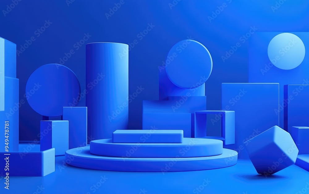 Aufkleber Abstract minimal 3D rendering featuring a blue geometric cylinder background along with cubes and various forms Contemporary design suitable for presentations branding templates and banners with s