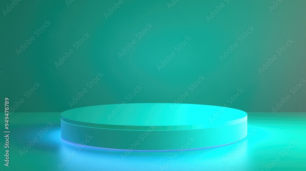 Poster green pastel round pedestal with a blue background illuminated from below suitable for showcasing pr