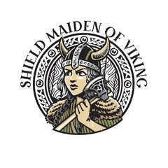 Viking girl label shield maiden holding ax
