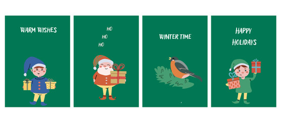 Fototapeta premium Cute Happy Holidays Xmas vertical cards set. Greeting card or banner with festive elements, cartoon characters. Decorative background for story or social media post. Christmas Hand drawn flat illustra