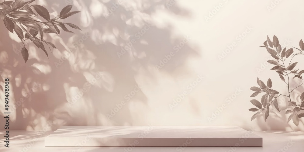 Poster Subtle botanical backdrop with shadow play on the surface ideal for framing covers cards or postcards Display platform featuring elegant showcase on a soft pastel background for high end products