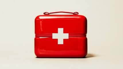 Obraz premium A vibrant red first aid kit with a white plus symbol on the lid positioned against a neutral background to emphasize its clarity and purpose
