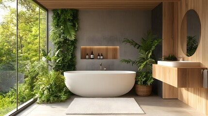 Fototapeta premium A chic bathroom featuring wood accents and vibrant green plants, blending modern elegance with natural elements.