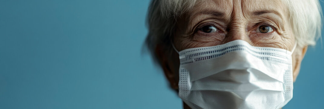Elderly gray-haired patient in mask. Horizontal banner. National Influenza Vaccination Week. National Immunization Awareness Month. Immunization and vaccination. Copy space. World patient safety day