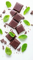 Delicious dark chocolate squares with fresh mint leaves on a white background. Perfect for dessert recipes and culinary inspiration.