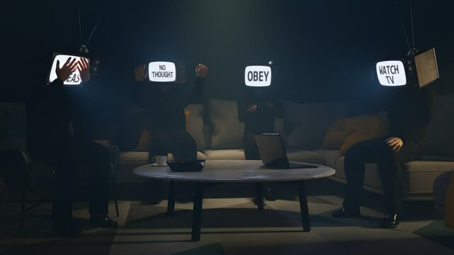 Men In A Dark Room With Tvs On Their Heads Conformist Words On The Screen, Animation