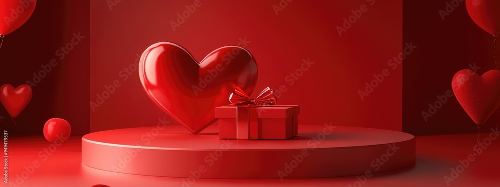 Poster Minimalistic podium display featuring a red heart and a gift box adorned with a ribbon bow set against a red backdrop 3D render