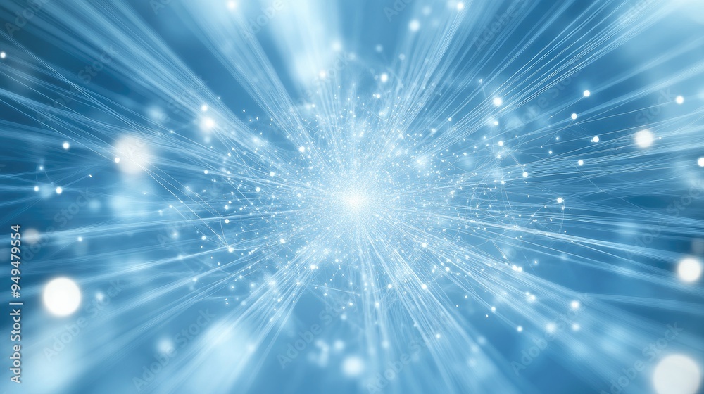 Poster lines and dots radiating from the center on a blue backdrop symbolizing information networks artific
