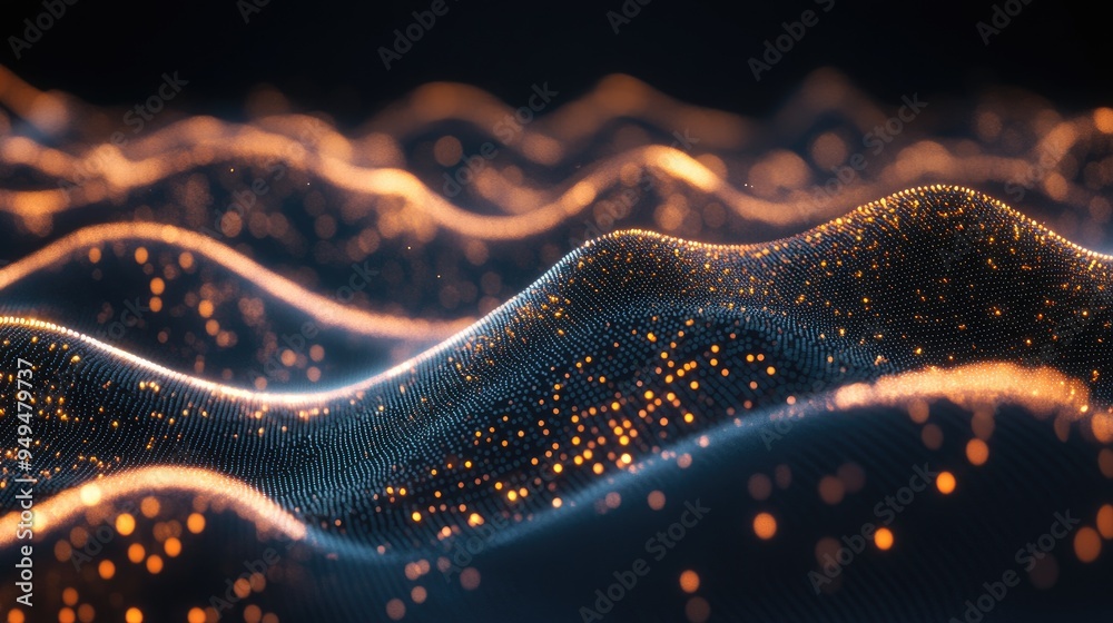 Poster dynamic particles create sound waves over a dark background blurred abstract lights form a stunning 