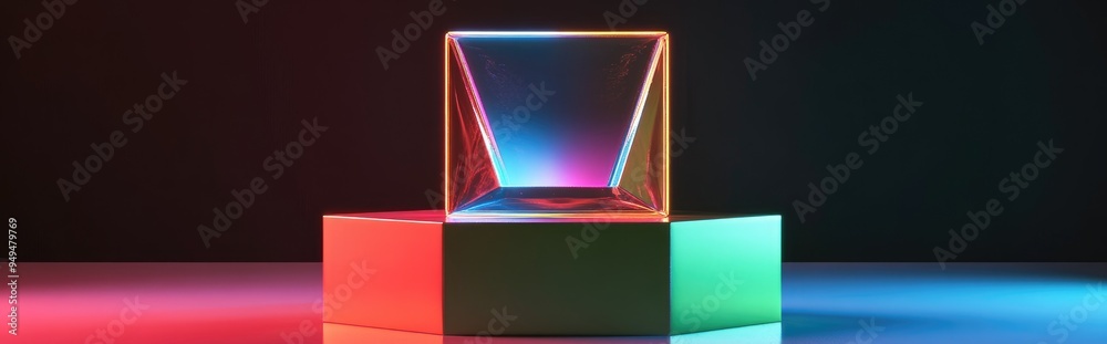 Aufkleber geometric shape mockup featuring gold and glass textures with a green podium for product design 3d r