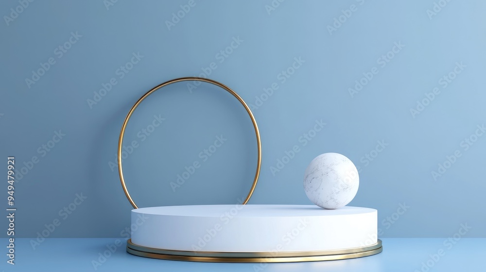 Poster empty white cylinder podium with a gold border and a spherical object set against a blue backdrop ab