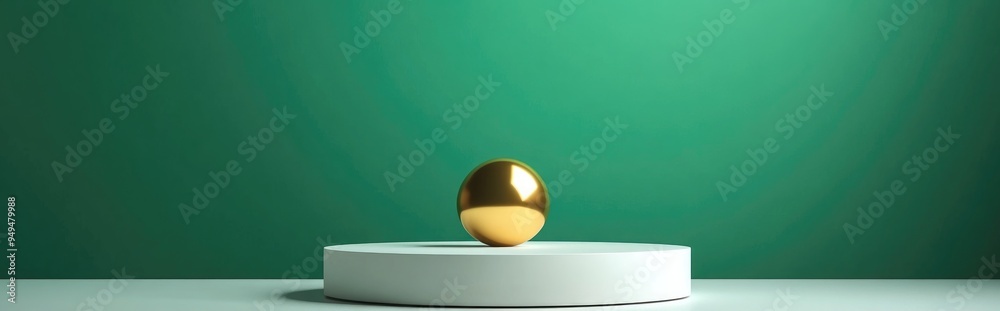 Poster Green backdrop featuring a white pedestal or podium mockup vacant platform for product display and presentation pristine stage with a golden sphere 3D rendering