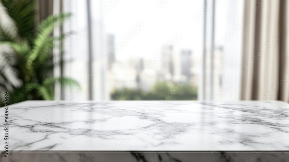 Poster white marble table top with a blurred abstract interior background suitable for displaying or showca