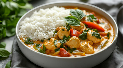 Thai Red Curry Chicken with Steamed Jasmine Rice and Fresh Basil - A flavorful bowl of Thai red curry chicken served with steamed jasmine rice.