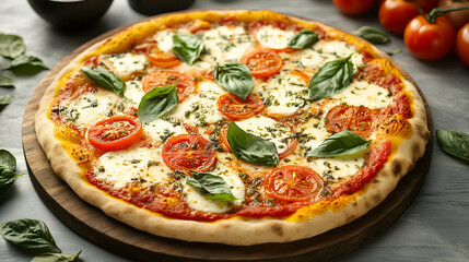 Freshly baked Margherita pizza topped with sliced tomatoes, melted mozzarella, and fresh basil leaves.