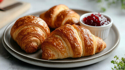 Fototapeta premium Freshly baked croissants with a golden brown, flaky crust served on a plate with a side of jam. Perfect for a delightful breakfast or brunch, these buttery pastries offer a light and crispy texture.