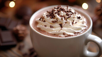 Hot Chocolate with Whipped Cream and Chocolate Shavings in a Mug - A warm and cozy mug of hot chocolate topped with fluffy whipped cream and sprinkled with chocolate shavings.
