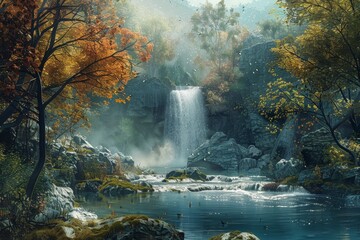 A painting depicting a waterfall in a lush forest setting, Serene, flowing rivers and waterfalls