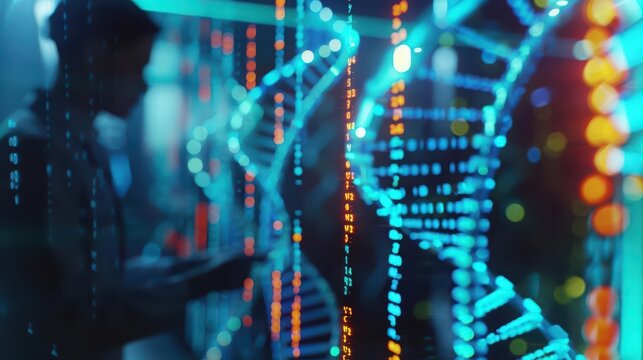 A team of geneticists in a stateoftheart lab sequences DNA, focusing on hereditary diseases, with blurry background and synth wave styles adding a futuristic touch to the scene