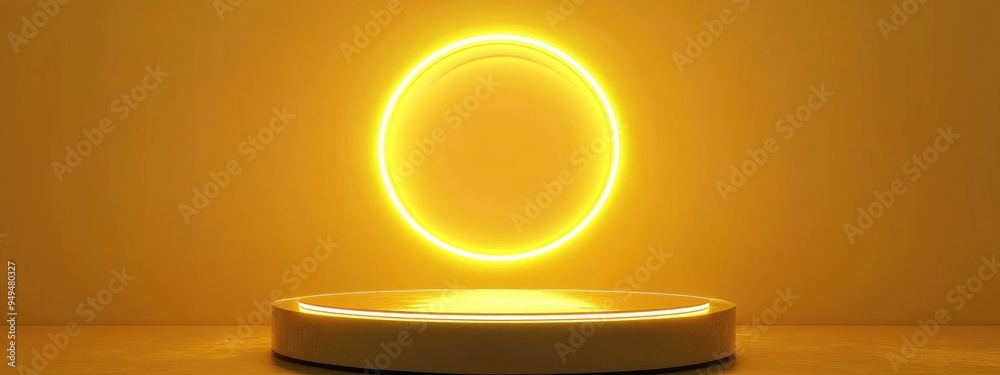 Aufkleber Floating pedestal with a neon line on a thick yellow mat background 3D render of an abstract scene featuring a suspended podium and a neon circular frame