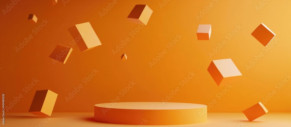 Poster minimal abstract composition featuring a podium and floating geometric shapes against an orange back