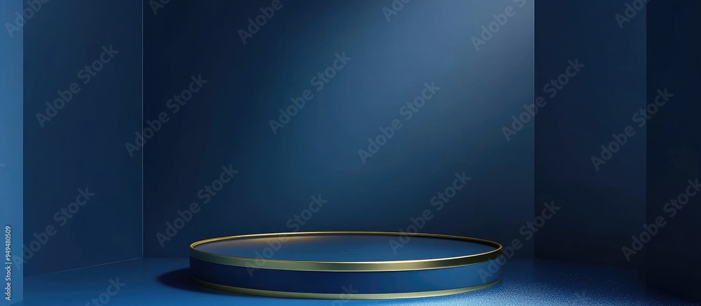Poster Blue cylindrical podium with a gold border and circular accent on a blue background Abstract minimalist 3D geometric object for product display 3D rendering