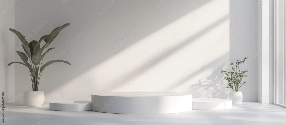 Poster Clean white 3D interior featuring a set of round podiums for product display Ideal setting for showcasing or promoting items through mockup 3D rendering designed for advertising purposes