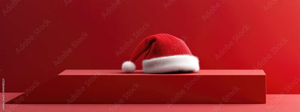 Poster Minimalist product mockup backdrop for winter holiday themes Santa hat resting on a red step platform 3D rendered illustration with clipping paths for all elements included
