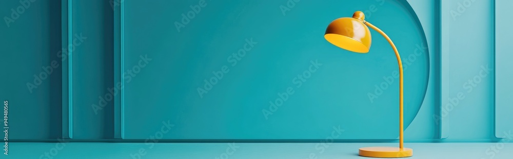 Poster blue studio backdrop featuring a yellow lamp and podium designed for product promotion 3d rendering