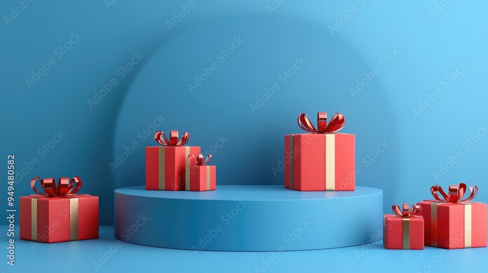 Poster empty stage with gifts on a blue background 3d rendering digital computer artwork